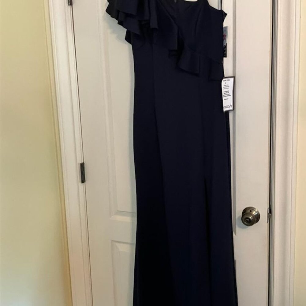 Xscape one-shoulder full-length gown NWT size 10 in midnight (dark blue)